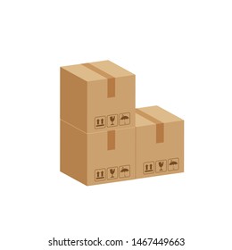 pile crate boxes 3d cube, three cardboard box for factory warehouse storage, cardboard parcel boxes stack of warehouse factory, packaging cargo, boxes brown isolated on white background