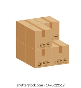 pile crate boxes 3d cube, cardboard box for factory warehouse storage, cardboard parcel boxes stack of warehouse factory, packaging cargo, boxes brown isolated on white background