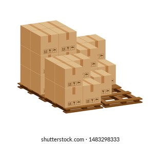 pile crate boxes 3d on wooden pallet, wood pallet with cardboard box in factory warehouse storage, cardboard parcel boxes stack of warehouse factory, packaging cargo, boxes brown isolated on white