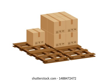 pile crate boxes 3d on wooden pallet, wood pallet with cardboard box in factory warehouse storage, cardboard parcel boxes stack of warehouse factory, packaging cargo, boxes brown isolated on white