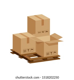 pile crate boxes open on wooden pallet, wood pallet with cardboard box in factory warehouse storage, cardboard parcel boxes stack of warehouse factory, packaging cargo, 3d box brown isolated on white