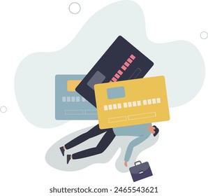 pile of credit cards with a lot of weight over depressed broke salary man who overspend in online shopping.flat vector illustration.