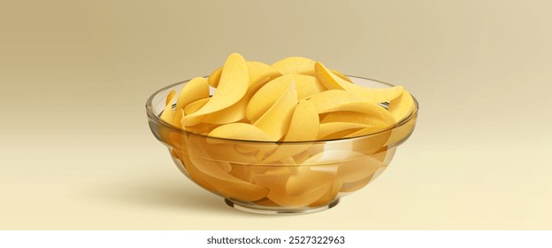 Pile of crisp potato chips in glass transparent bowl. Realistic 3d vector illustration of plate with fried or baked wavy slices salty spicy crispy delicious snack. Unhealthy fat vegetable appetizer.