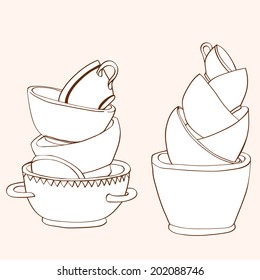 Pile of cups and plates. Hand drawn vector illustration