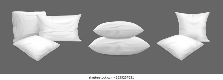 Pila de cojines o almohadas que se colocan uno encima del otro. Vector aislado conjunto de decoración de forma cuadrada suave para dormitorio o sala de estar. Funda de almohada blanca realista para maqueta y diseño de marca