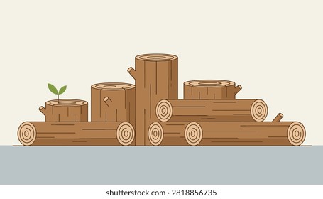 Pile of cut wooden logs and tree stumps with a small green plant sprout growing out of one on a clean background.