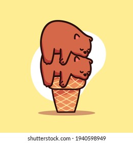 Pile of Cute Brown Bear Character Sleeping on Ice Cream Cone Illustration