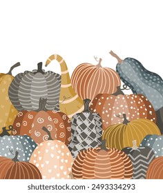 Montón de lindas calabazas pintadas con garabatos. Fondo de la cosecha de Halloween, Otoño o Día de Acción de Gracias. Ilustración vectorial.