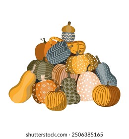 Pile of cute doodle painted pumpkins. Halloween, Autumn, or Thanksgiving day harvest background. Vector illustration