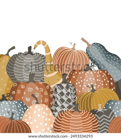 Pile of cute doodle painted pumpkins. Halloween, Autumn, or Thanksgiving day harvest background. Vector illustration.