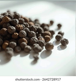 A pile of dark brown and black peppercorns sits on a white surface, with a few peppercorns scattered nearby, casting subtle shadows in bright light.