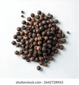 A pile of dark brown peppercorns are scattered on a white surface, creating a visually appealing and textured composition, with a few peppercorns separated from the main group.