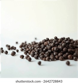 A pile of dark brown peppercorns sits on a white surface, with a few peppercorns scattered around it, creating a visually appealing contrast against the bright background.