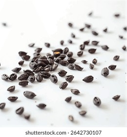 A pile of dark brown seeds are scattered on a white surface, with some seeds clustered together and others spread out individually, creating a visually appealing contrast between the dark seeds.