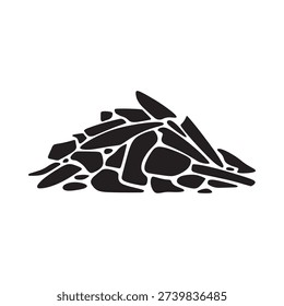 A pile of dark irregularly shaped rocks and stone fragments depicted in black