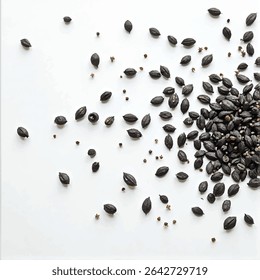 A pile of dark-colored seeds is scattered across a white surface, with a few smaller brown and star-shaped spices interspersed among them, creating a visually appealing arrangement.