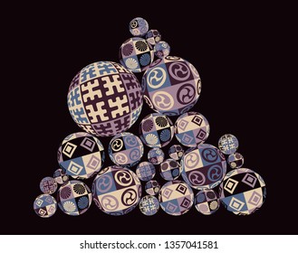 pile of decorated balls in dark retro purple shades