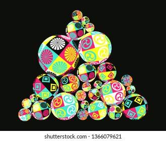 pile of decorated balls in vivid pop shades on black