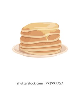 Pile of delicious pancakes topped with honey or maple syrup on plate. Tasty fast food dessert. Colorful flat vector design for menu or recipe book