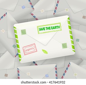 pile of detailed realistic mail envelopes and one green, ``save the earth``, special mail, green eco mail for mankind, vector
