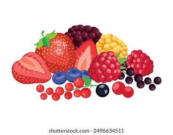 Haufen verschiedener Beeren, Vektorgrafik. Frische Beerenfrucht, Symbol-Set, Vektor einzeln auf weißem Hintergrund. Erdbeeren, Himbeeren, Heidelbeeren, Preiselbeeren, rote Johannisbeeren, Vektorgrafik