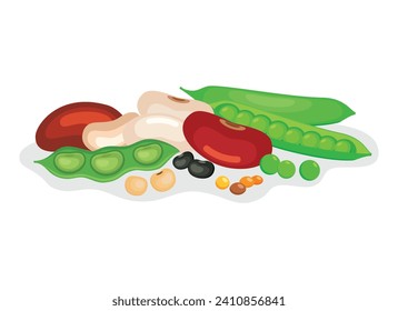 Pile of different dried beans and legumes vector illustration. Heap of beans and legumes icon vector isolated on a white background. Green pea, lentil, soybean, kidney bean drawing