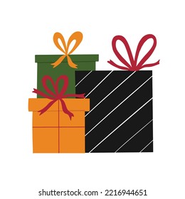 Pile of different gift boxes, decorated with wrapping paper, ribbon, bows. stack of three presents for holiday, birthday. Hand drawn simple vector illustration isolated on white background.