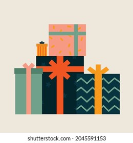Pile of different gift boxes. Wrapped presents decorated with bows, ribbons and patterns. Hand drawn vector colorful funny cartoon style illustration