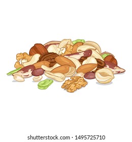 Pile of Different Nuts. Healthy Snack. Organic Food. Vector Cartoon Illustration.