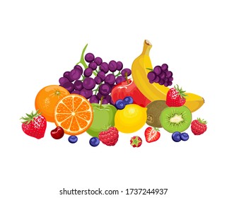 Pile of different ripe fruit and berry. Vector illustration of orange, banana, kiwi, apple, grape, raspberry, strawberry, blueberry and lemon in cartoon flat style. Heap of healthy organic fresh food.