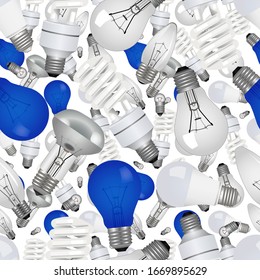 Pile of different types of incandescent bulbs, LED, fluorescent energy-saving in a seamless pattern; Vector illustration