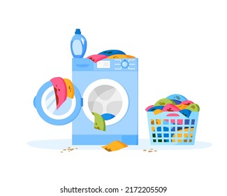 Pile of dirty clothes in laundry basket. Washing machine and liquid detergent bottle. Heap of dirty cloth. Stack of dirty apparel on laundry day. Flat illustration.