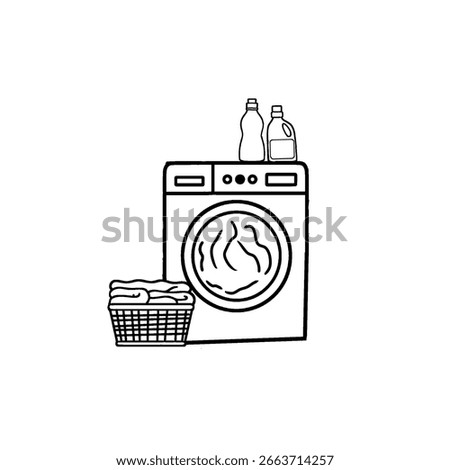 Pile of dirty clothes in laundry basket. Washing machine and liquid detergent bottle. Pile of dirty rags. Flat illustration. Home laundry, dry cleaning service, decent vector set.