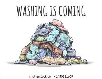 Pile Of Dirty Clothes On Floor. Washing Is Coming, Happy Family Holiday Laundry Cloths, Towel And Sweater, Cap And Sock Vector Illustration