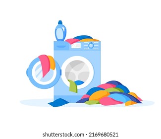Pile of dirty clothes on floor. Washing machine and liquid detergent bottle. Heap of dirty laundry. Stack of dirty apparel on laundry day. Flat illustration.