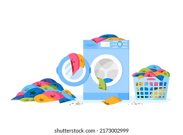 Pile of dirty clothes on floor and in laundry basket. Washing machine and liquid detergent bottle. Heap of dirty cloth. Stack of dirty apparel on laundry day. Flat illustration.