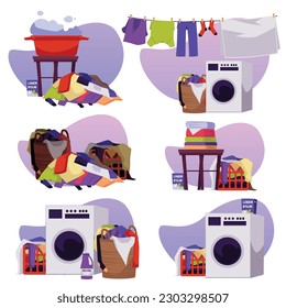 Pile of dirty clothes with washing machine, laundry day elements set - flat vector illustration isolated on white background. Basket full of soiled apparel.