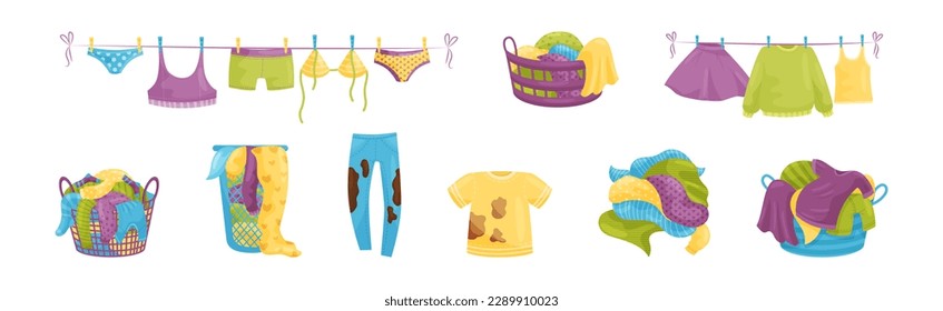 Pile of Dirty Clothing and Laundry in Basket Vector Set