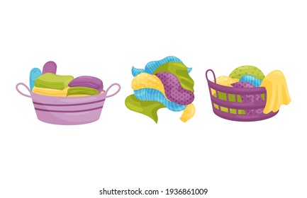 Pile of Dirty Clothing and Laundry Rested in Basket Vector Set