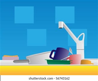A pile of dirty dishes sit in a kitchen sink. The different graphics are all on separate layers so they can easily be moved or edited individually.