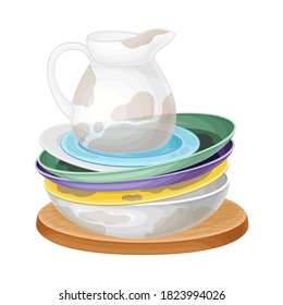 Pile of Dirty Dishes and Utensils with Plates and Glass Jug Vector Illustration