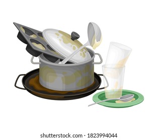 Pile de sucios platos y utensilios con iluminación vectorial de Saucepan y gafas