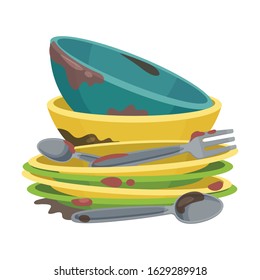 Pile of Dirty Kitchen Utensils and Crockery Vector Illustration