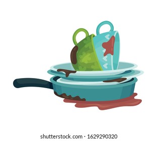 Pile Of Dirty Kitchen Utensils And Crockery Left After Lunch Vector Illustration