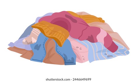 Pile of dirty laundry. Cartoon dirty clothes, laundry wrinkled stained clothing flat vector illustration on white background