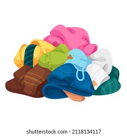 Pile of dirty laundry vector flat illustration. Heap of many messy clothing with spots isolated on white. Housekeeping routine chore daily clothes ready for washing. Untidy sweater, jeans, shirt