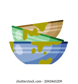 Pile of dirty plates. Stack of kitchen utensils after lunch. Lots of clay bowls. Household chores and cleaning. Flat cartoon