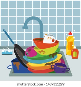 Pile Dirty Unwashed Dishes Sink Tap Stock Vector (Royalty Free ...