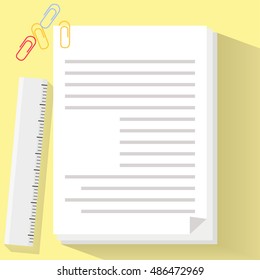 a pile of documents with paperclips and a ruler