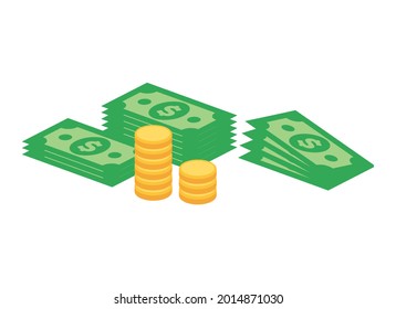 Pile of dollar cash money and golden coins icon vector. Money dollar currency clip art. Green banknotes dollars and gold coins vector. Heaps of money icon isolated on a white background